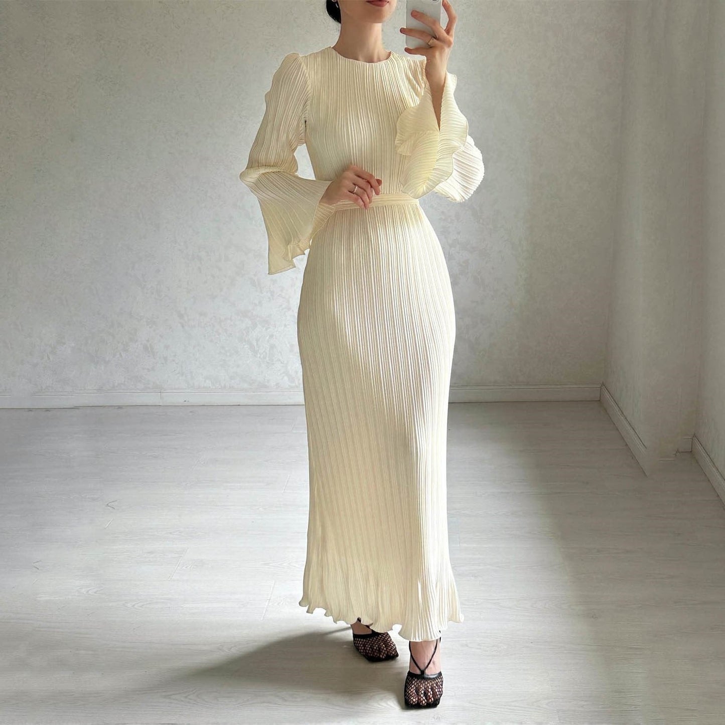 Pleated Bell Sleeve Maxi Dress