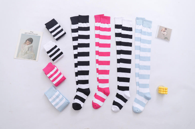 Autumn and winter pure cotton black and white blue striped knee socks