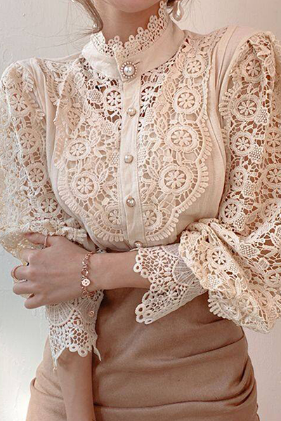 Elegant Patchwork Lace Hollowed Out Buckle Mandarin Collar Tops(3 colors)