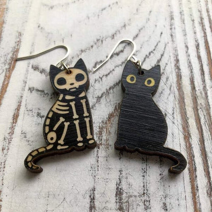 🎃 Adorable Black Cat / Skeleton Cat Wood Dangle Earrings