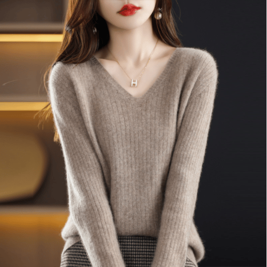 2024 New Design V-Neck Pullover Long Sleeve Solid Color Cashmere Sweater