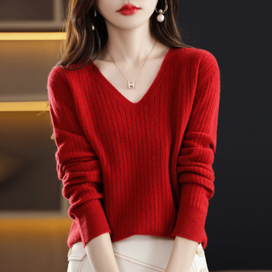 2024 New Design V-Neck Pullover Long Sleeve Solid Color Cashmere Sweater