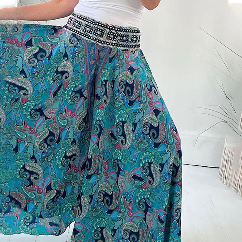 Ethnic Paisley Print Elastic Patchwork-Waist Lightweight Pants