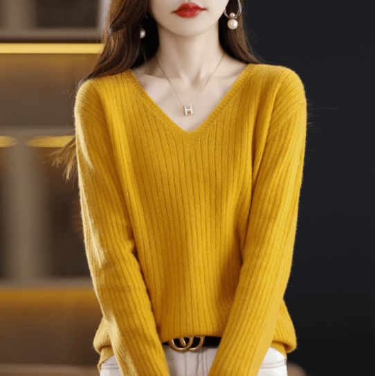 2024 New Design V-Neck Pullover Long Sleeve Solid Color Cashmere Sweater