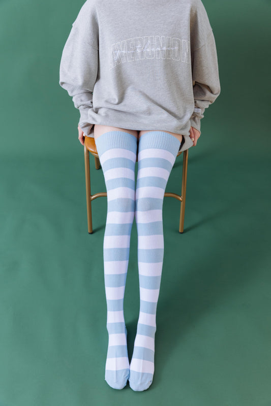 Autumn and winter pure cotton black and white blue striped knee socks