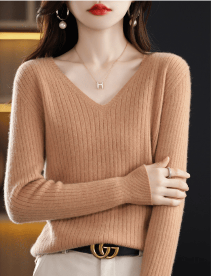 2024 New Design V-Neck Pullover Long Sleeve Solid Color Cashmere Sweater