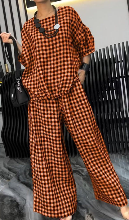 Women's Comfortable Plaid Top And Pants Two-Piece Set