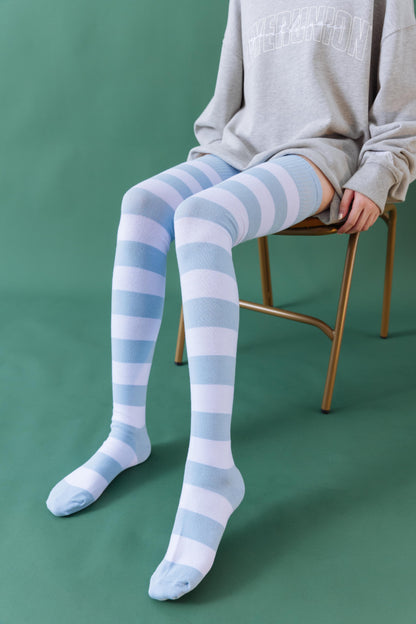 Autumn and winter pure cotton black and white blue striped knee socks