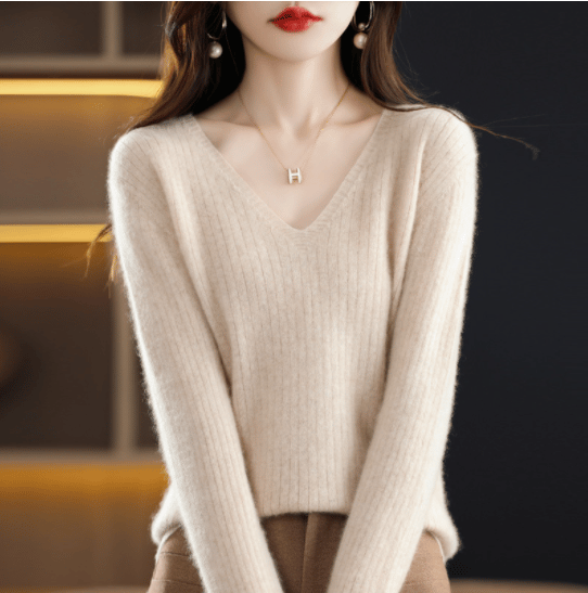 2024 New Design V-Neck Pullover Long Sleeve Solid Color Cashmere Sweater