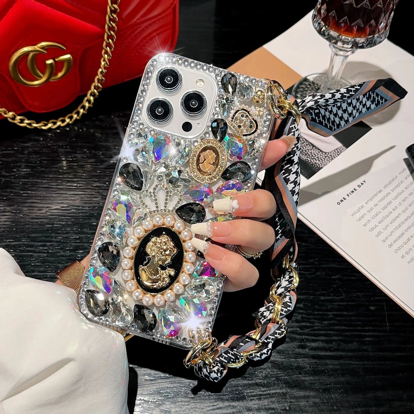 Diamond Queen Bling Case - Luxury Silk Scarf Wristband for iPhone