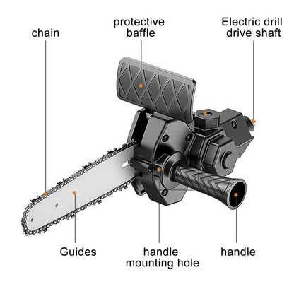 ELECTRIC DRILL MODIFIED TO ELECTRIC CHAINSAW DRILL ATTACHMENT