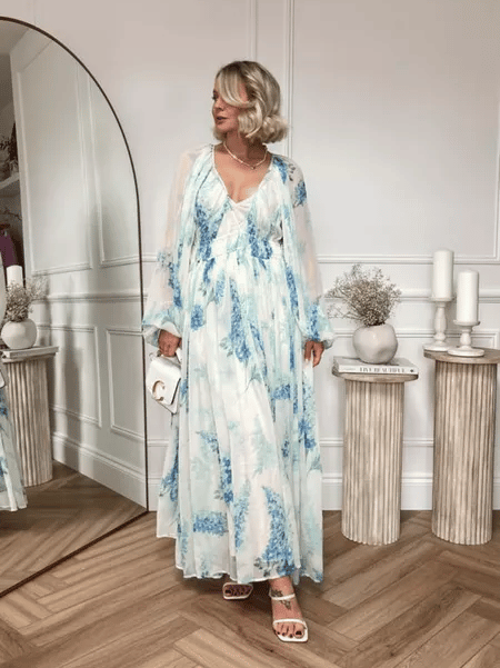 2024 new models Ocean Flower Chiffon Floral Drawstring Waist Maxi Dress