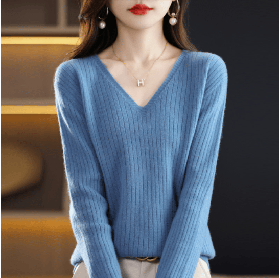 2024 New Design V-Neck Pullover Long Sleeve Solid Color Cashmere Sweater