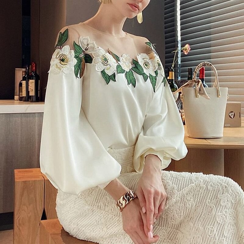 Style embroidered silk satin blouse