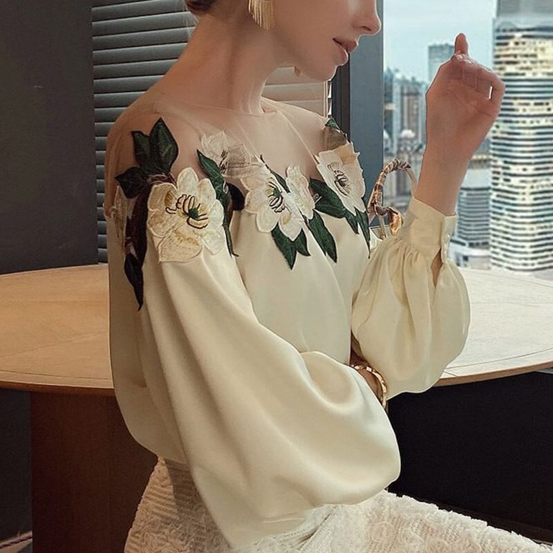 Style embroidered silk satin blouse