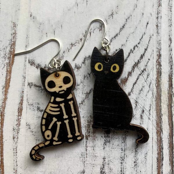 🎃 Adorable Black Cat / Skeleton Cat Wood Dangle Earrings