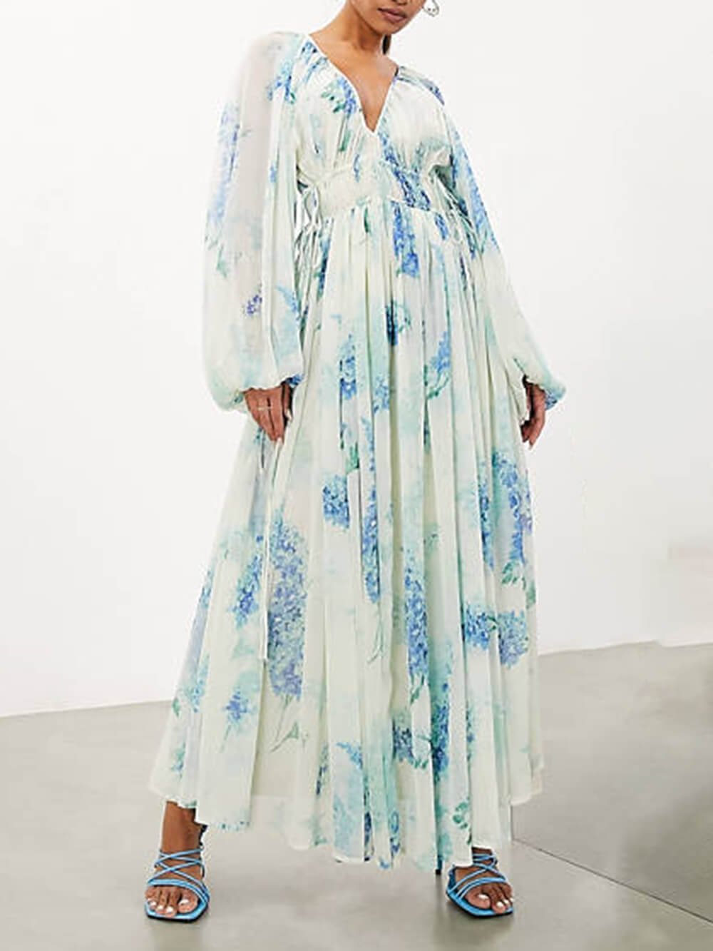 2024 new models Ocean Flower Chiffon Floral Drawstring Waist Maxi Dress