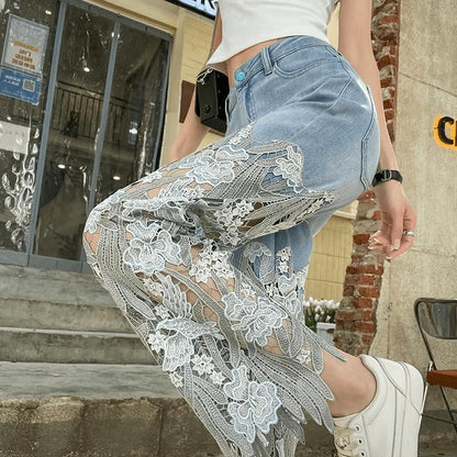 Handmade Hollow Lace Patchwork Jeans