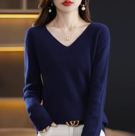 2024 New Design V-Neck Pullover Long Sleeve Solid Color Cashmere Sweater