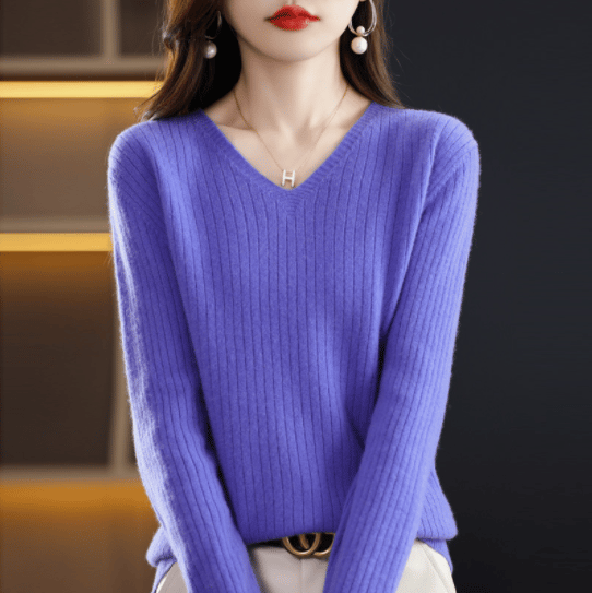 2024 New Design V-Neck Pullover Long Sleeve Solid Color Cashmere Sweater