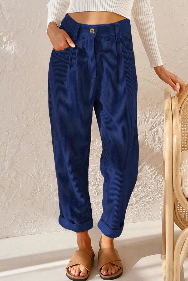 Mid Rise Button Zipper Side Pocket Corduroy Casual Pants (Buy 2 Free Shipping)