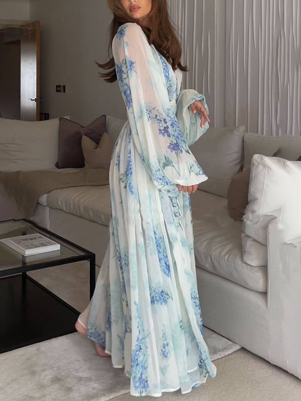 2024 new models Ocean Flower Chiffon Floral Drawstring Waist Maxi Dress