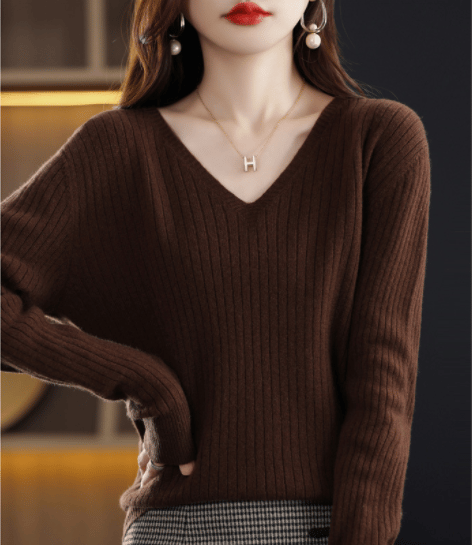 2024 New Design V-Neck Pullover Long Sleeve Solid Color Cashmere Sweater