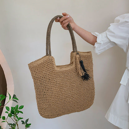 Woven Bag Tassel Straw Shoulder Bag Beach Casual Tote Bag