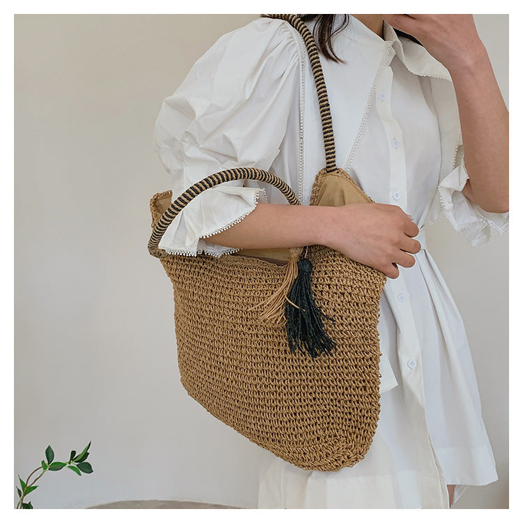 Woven Bag Tassel Straw Shoulder Bag Beach Casual Tote Bag