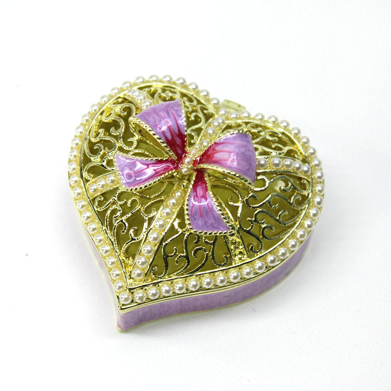 Gift box alloy heart-shaped bow pearl box small jewelry storage box