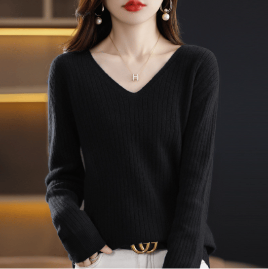 2024 New Design V-Neck Pullover Long Sleeve Solid Color Cashmere Sweater