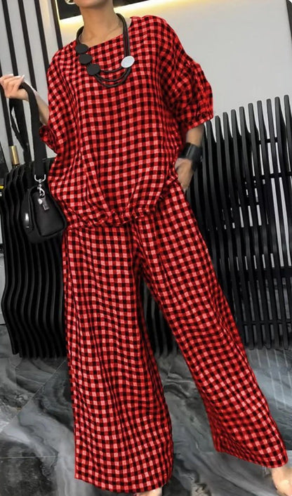 Women's Comfortable Plaid Top And Pants Two-Piece Set