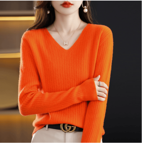 2024 New Design V-Neck Pullover Long Sleeve Solid Color Cashmere Sweater