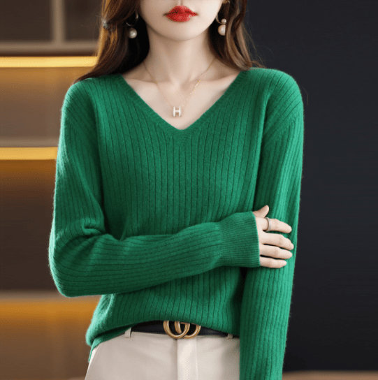 2024 New Design V-Neck Pullover Long Sleeve Solid Color Cashmere Sweater