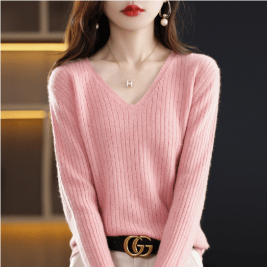 2024 New Design V-Neck Pullover Long Sleeve Solid Color Cashmere Sweater