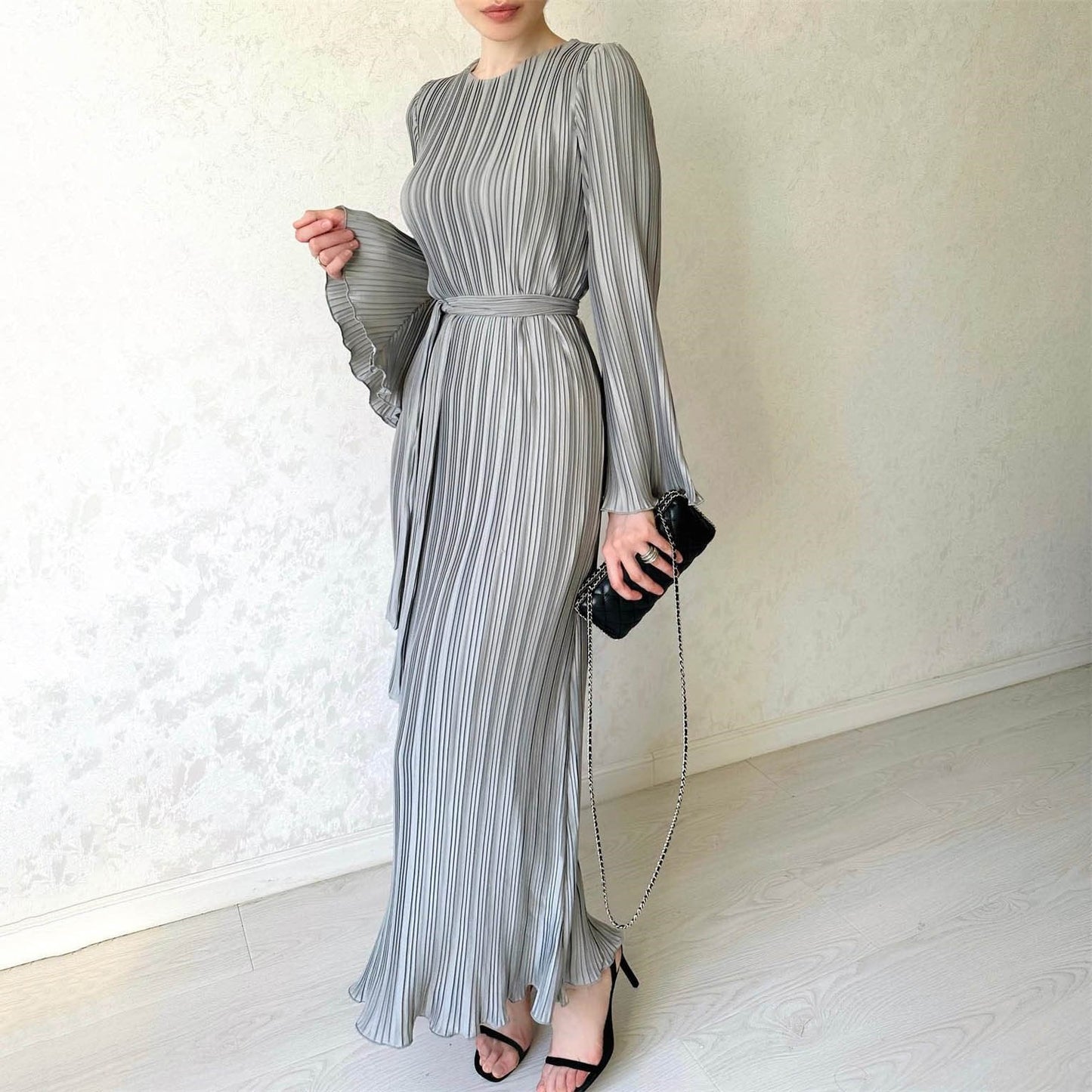 Pleated Bell Sleeve Maxi Dress