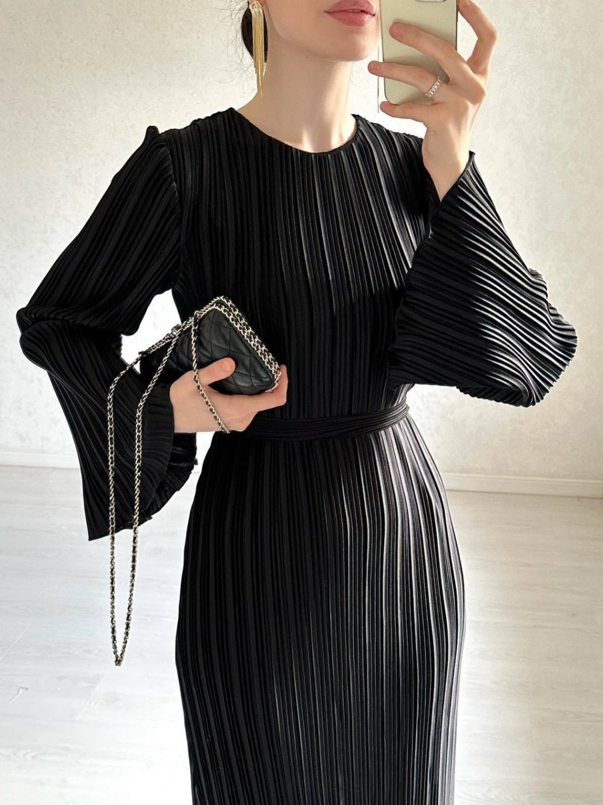 Pleated Bell Sleeve Maxi Dress