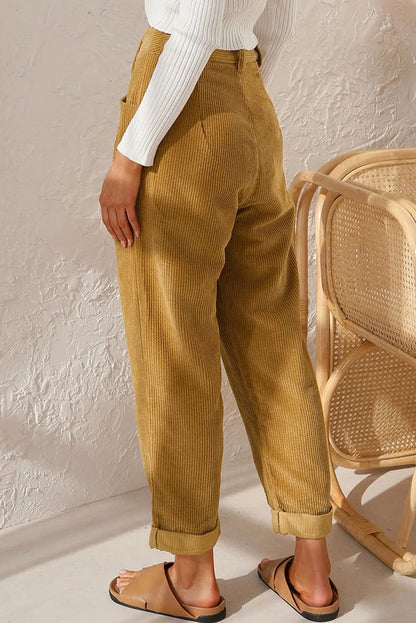 Mid Rise Button Zipper Side Pocket Corduroy Casual Pants (Buy 2 Free Shipping)