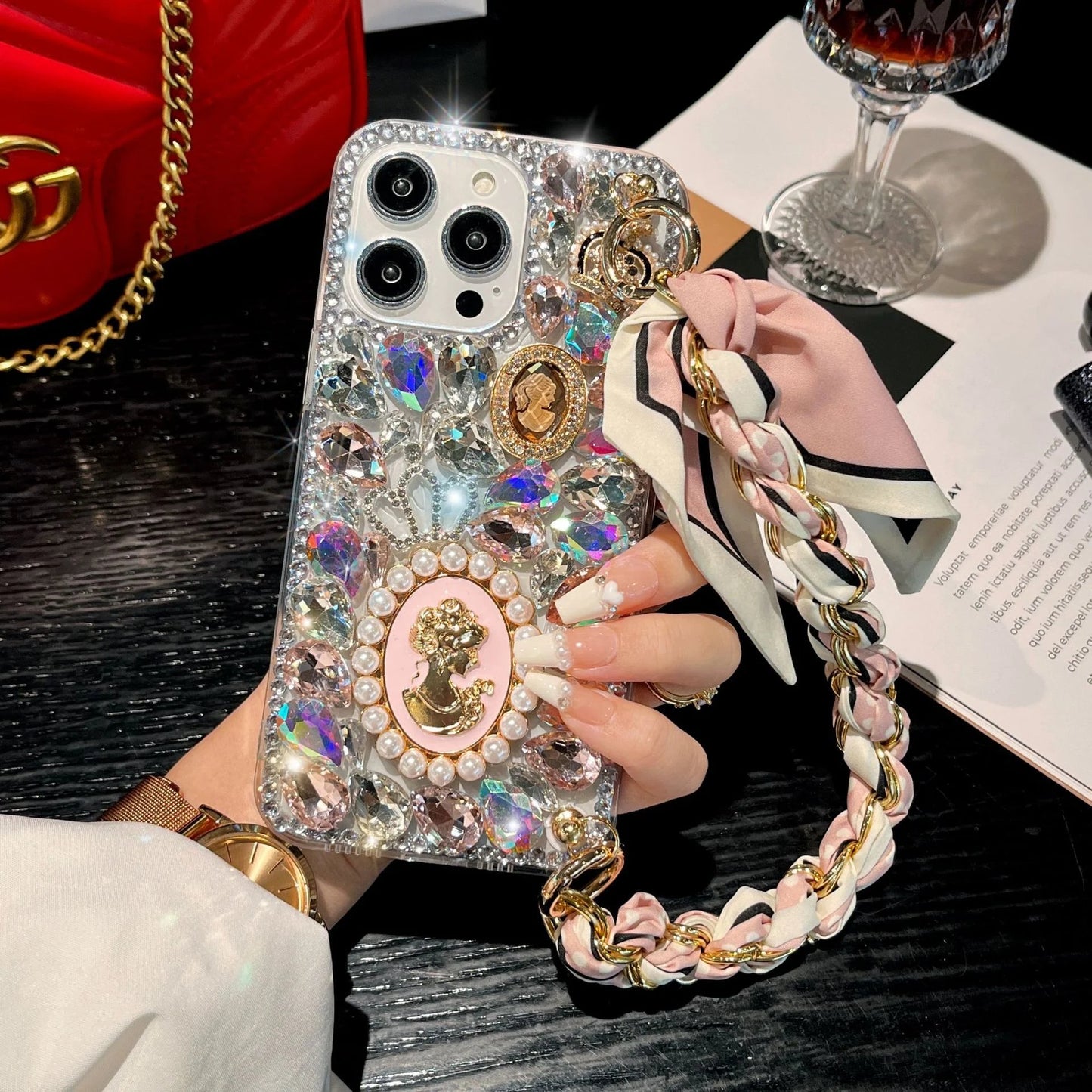 Diamond Queen Bling Case - Luxury Silk Scarf Wristband for iPhone