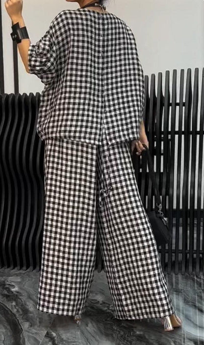 Women's Comfortable Plaid Top And Pants Two-Piece Set