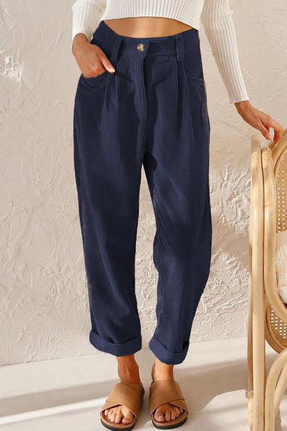 Mid Rise Button Zipper Side Pocket Corduroy Casual Pants (Buy 2 Free Shipping)