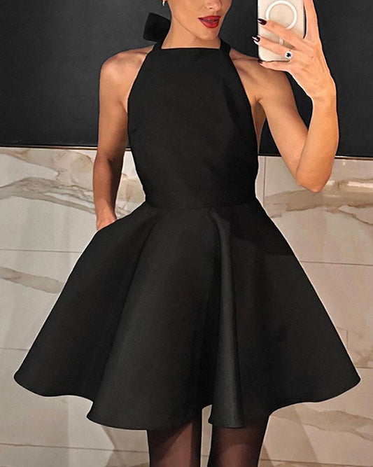 Black satin halter neck high waist sleeveless dress