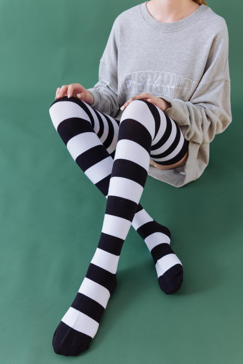 Autumn and winter pure cotton black and white blue striped knee socks