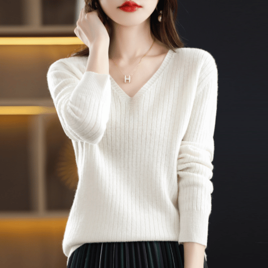 2024 New Design V-Neck Pullover Long Sleeve Solid Color Cashmere Sweater