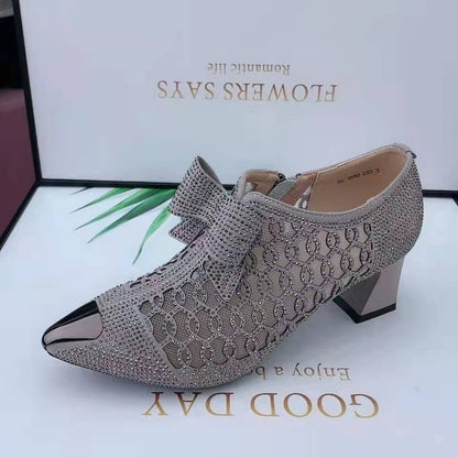 2024 summer casual  Rhinestone hollow chunky heel shoes and new belt buckle solid color plus size women's sandals