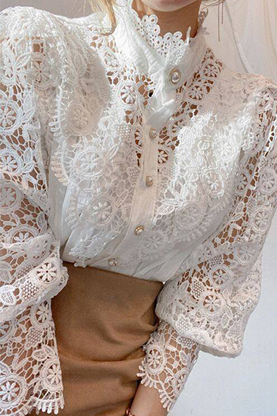 Elegant Patchwork Lace Hollowed Out Buckle Mandarin Collar Tops(3 colors)