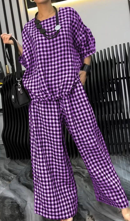 Women's Comfortable Plaid Top And Pants Two-Piece Set